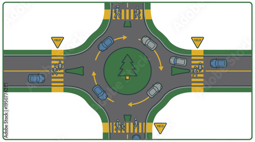Overhead View of a Roundabout with Cars and Traffic Flow. Vector Illustrations. EPS Editable