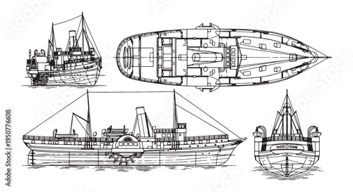 Vintage Paddlewheel Steamboat Technical Blueprint With Multiple Elevations and Deck Plan
