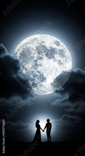 Silhouette of romantic couple holding hands under full moon in night sky with clouds