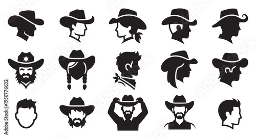 Cowboy Hat Silhouette Icon Set — Western Avatars and Profile Faces Collection
