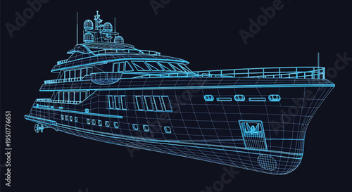 Luxury Yacht Wireframe 3D Blueprint Render — Neon Blue Digital Concept Of Modern Vessel Design