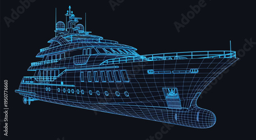 Luxury Yacht Wireframe 3D Blueprint Render — Neon Blue Digital Concept Of Modern Vessel Design