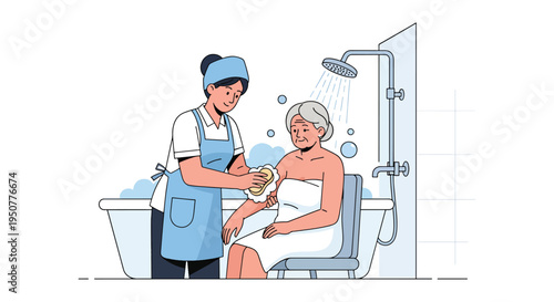 Caregiver Assisting Senior Woman With Bathing In Shower Chair — Elderly Care And Hygiene