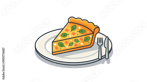 Slice of quiche on a plate with fork and knife