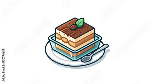 Flat design illustration of a tiramisu dessert with spoon