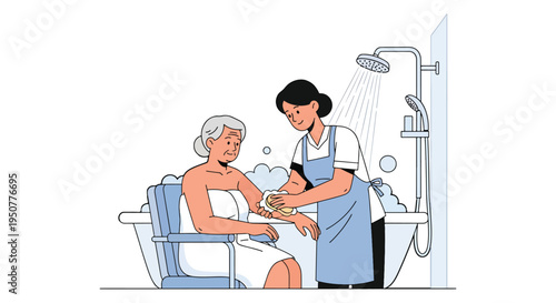Caregiver Assisting Senior Woman With Bathing In Shower Chair — Elderly Care And Hygiene
