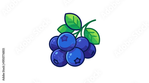 Cluster of fresh blueberries with green leaves on a stem