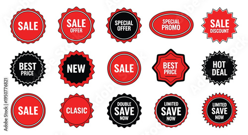 Red and Black Sale Badges and Promo Labels Set for Discounts, Special Offers, and Marketing