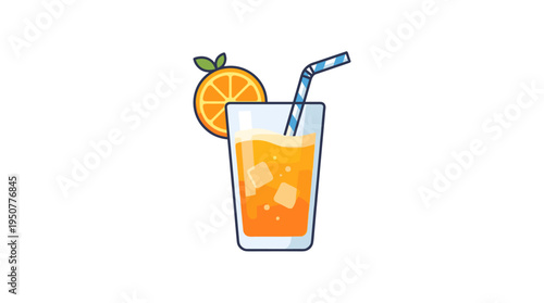 Tall glass of orange juice with ice and orange slice