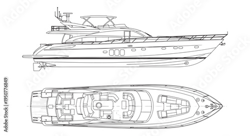 Motor Yacht Blueprint and Deck Layout Drawing Showing Side Profile and Top Plan View