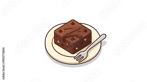 Flat design chocolate brownie with fork on plate illustration