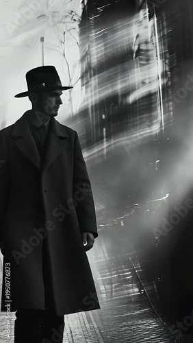 A man in a long coat and hat stands on a city street at night with blurred lights.
