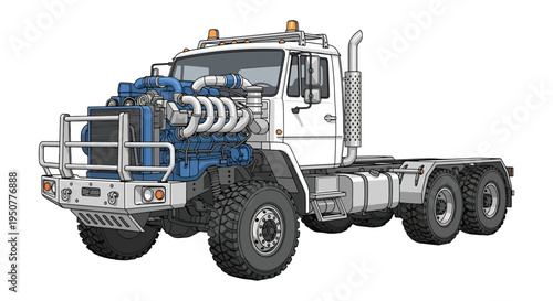 Heavy Duty Off-Road Truck With Exposed Diesel Engine and Rugged Chassis Illustration