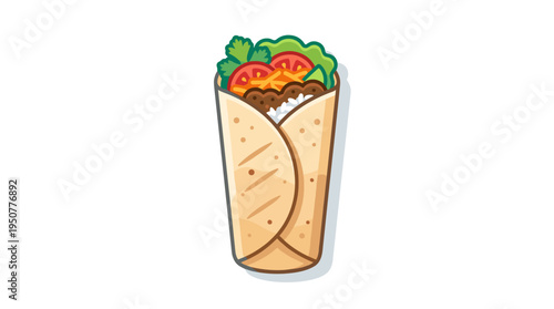 Flat design illustration of a fully wrapped burrito with fillings