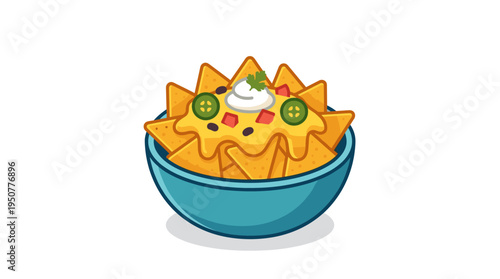 Bowl of nachos with cheese sauce and toppings