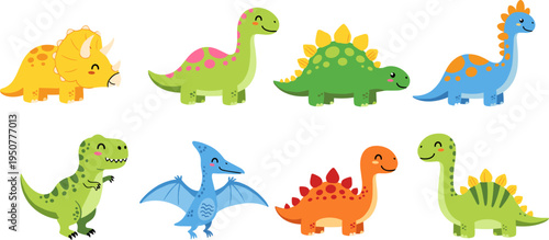 Cute, dinosaurs, cartoon, characters, dino, prehistoric, animals, kids, colorful, triceratops, stegosaurus, tyrannosaurus, pterodactyl, vector, illustration, playful, jurassic, collection, design, set