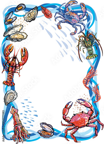 Seafood frame with lobster crab shrimp oyster hand drawn vector