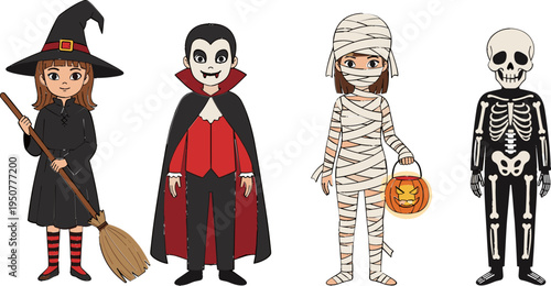 Kids Halloween costume characters set witch vampire mummy skeleton, cute cartoon children spooky holiday outfit illustration isolated collection