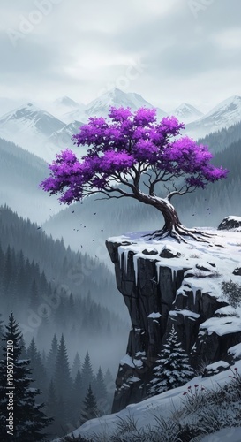 Snowy mountain landscape with single purple tree on rocky cliff edge overlooking forest and mountains