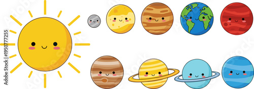 solar system, cute planets, sun, space, cartoon, kawaii, astronomy, universe, kids, education, vector, illustration, planets, characters, science, galaxy, learning, colorful, collection, design