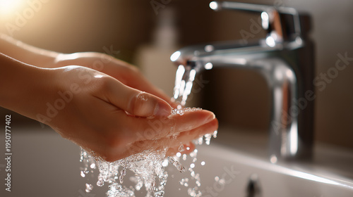 Hands washing under running water from modern faucet in clean bathroom setting.