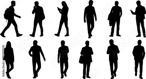 Set of Silhouettes of casual people with some pose Vector on white background
