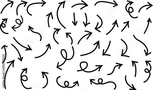A collection of hand drawn arrows in various directions and styles on a white background