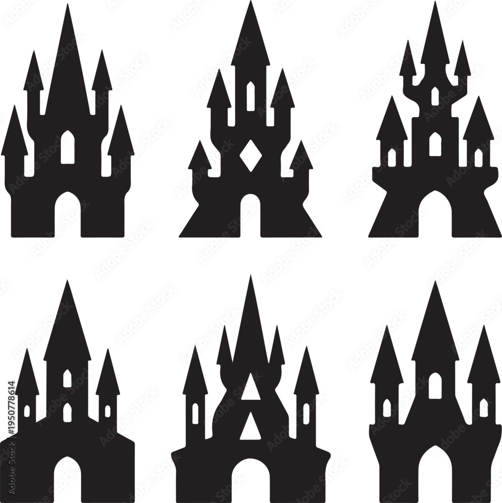 Fototapeta premium Eight black silhouette fantasy castles with varied medieval architecture