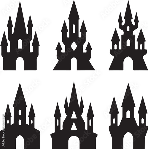 Eight black silhouette fantasy castles with varied medieval architecture