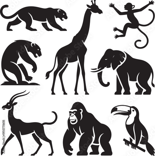 Black silhouette animals leopard giraffe monkey elephant antelope gorilla