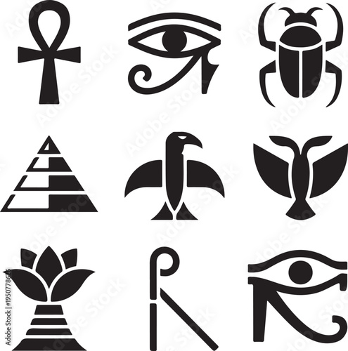 Eight black and white hieroglyphic symbols from ancient egypt
