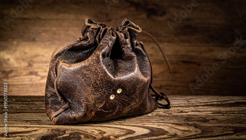 A well-worn dark brown leather dice bag with a drawstring closure rests on a rustic wooden surface, its texture suggesting many adventures and games played.