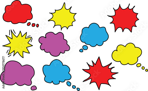Colorful comic speech bubbles in various shapes and sizes