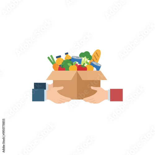 Helping hands exchanging a box filled with essential groceries, symbolizing community support, food donation, hunger relief, and charitable giving to aid vulnerable people