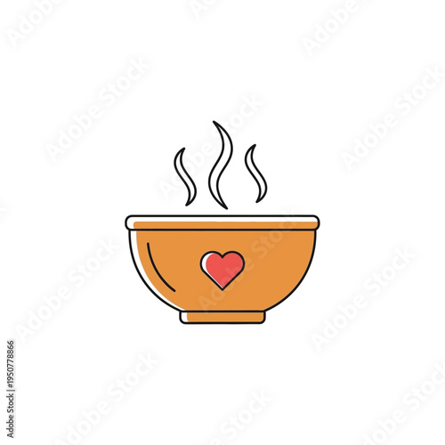 Warm steaming bowl icon with a heart, symbolizing comfort, charity, and humanitarian aid for hunger relief and community support