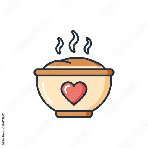Bowl of warm, healthy food with a heart symbol, representing love and care for nutritious meals