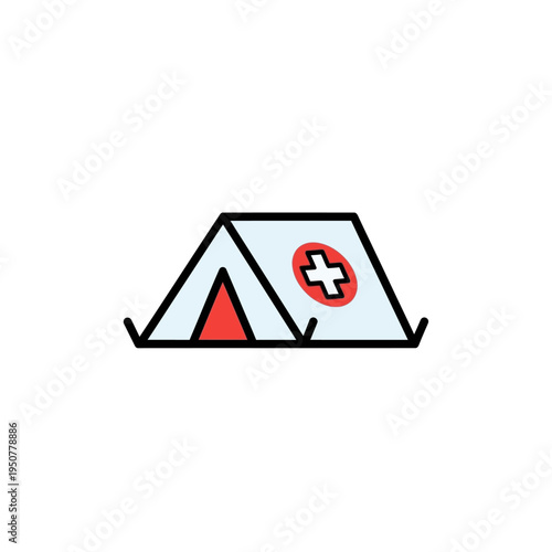 Vibrant flat color line icon depicting a medical tent with a prominent red cross, symbolizing emergency healthcare, first aid, and humanitarian relief efforts
