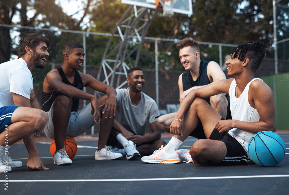 Fototapeta premium Friends, smile and talk on basketball court with break, fitness and training together to play game. Happy, people and conversation outdoor with diversity, exercise rest and sports tips for practice.