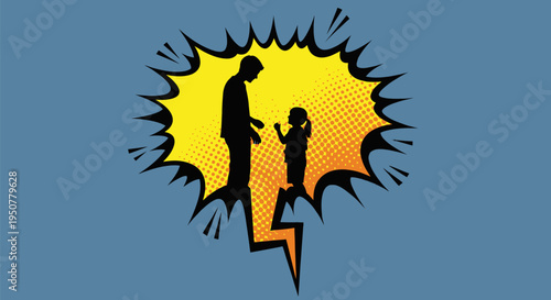 Silhouetted couple arguing with speech bubble.