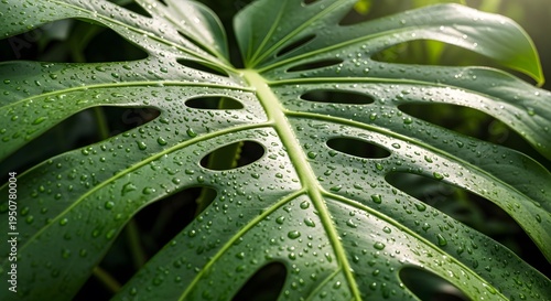 A close up view of a vibrant green monstera leaf covered with fresh morning dew drops in a garden
