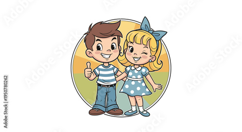Cartoon Boy and Girl Standing Together Smiling.