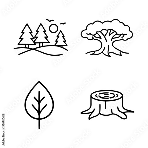 Nature and forest conservation icon set, minimalist line art symbols for International Day of Forests