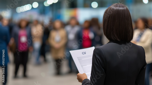 Wallpaper Mural Business person holding documents in front of a blurred crowd suggesting public speaking or presentation. Torontodigital.ca