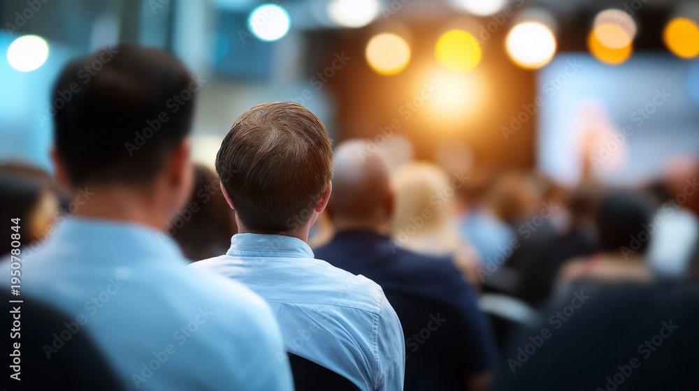 Fototapeta premium Audience attending a conference or seminar with focus on a speaker in a blurred modern event setting.