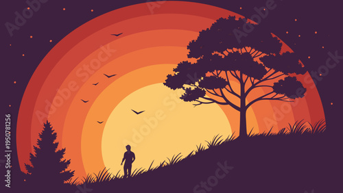 Halloween night landscape featuring a dark tree silhouette and a black bat against an orange moon and sunset sky in a vector illustration style