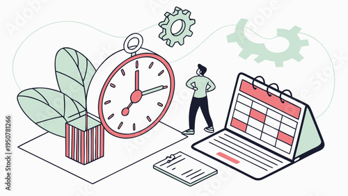 A 3d illustration of a businessman figurine holding a clock to sign the concept of success and office work finance