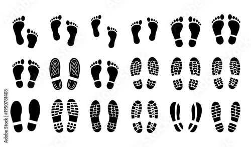 Human footprints and shoe sole prints vector set with kids feet walking trail and footwear tread icons