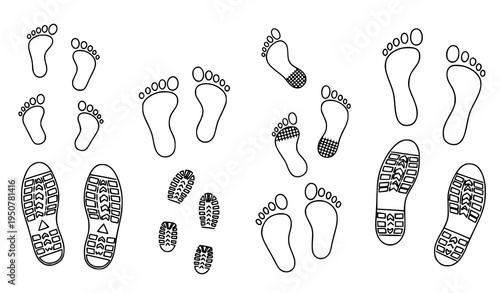 Hand drawn footprints and shoe sole doodle vector collection with kids feet walking trail icons