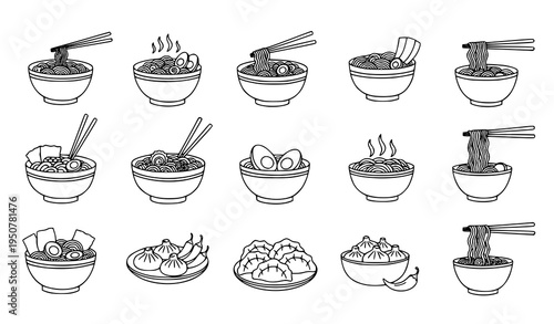 Asian noodle and ramen doodle hand drawn icon set with chopsticks bowls and restaurant menu food symbols