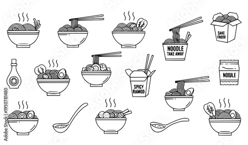 Asian ramen noodle outline icon collection with chopsticks bowls and street food menu symbols